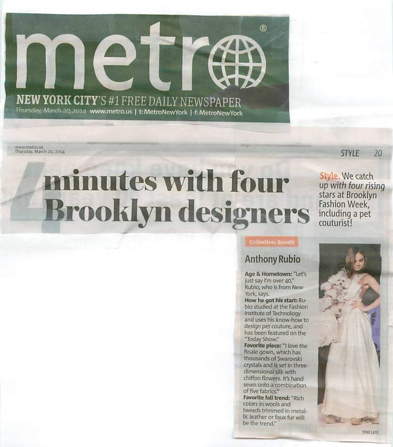 Bella Mia featured in the print edition of Metro NY for Anthony Rubio DFesigns