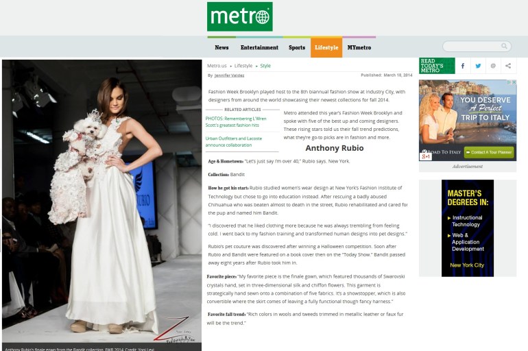 Bella Mia featured in Metro NY for Anthony Rubio DFesigns